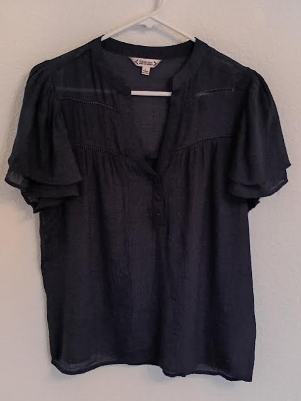 NANETTE NANETTE LEPORE WOMEN'S TOP NAVY BLUE DOUBLE RUFFLE SLEEVE LADDER TRIM L
